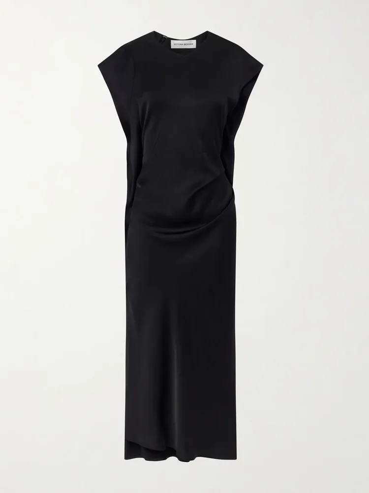 victoria gathered satin midi dress