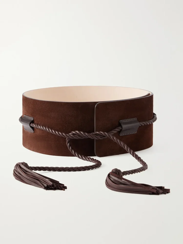 Sedona tasseled leather-trimmed suede belt