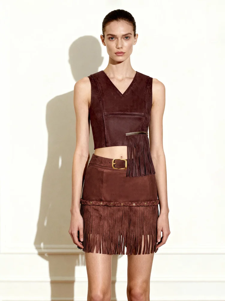 Faux Suede V-Neck Fringe Top - Chocolate Brown