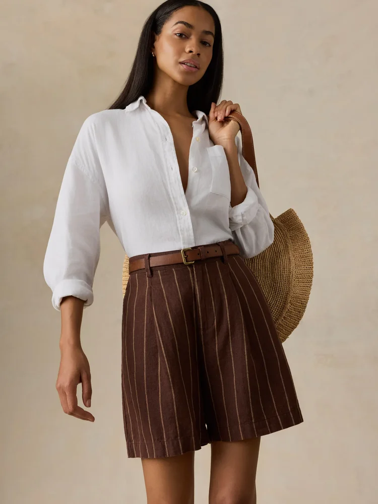 Sun Strider Linen Pleated Short - Harbor Line Stripe