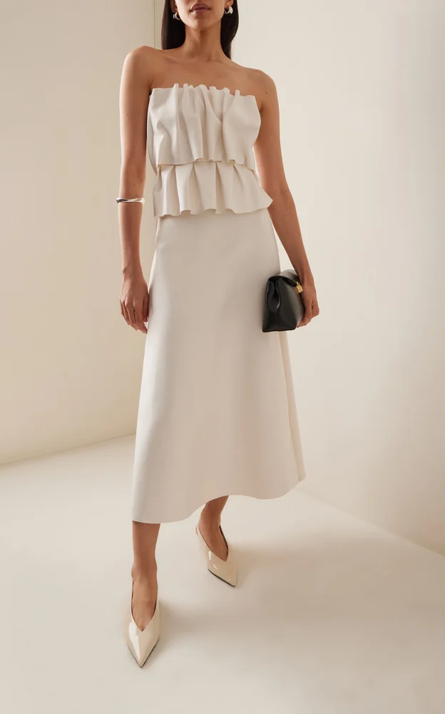 Ruffled Stretch-Crepe Strapless Midi Dress