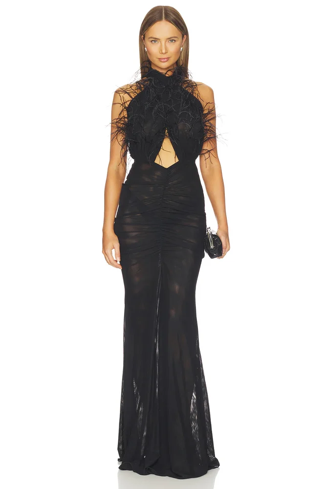 Feather Embroidery Sleeveless Halter Ruched Gown