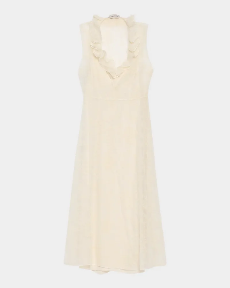 Sleeveless Ruffle V-Neck Floral Silk Tulle Midi Dress