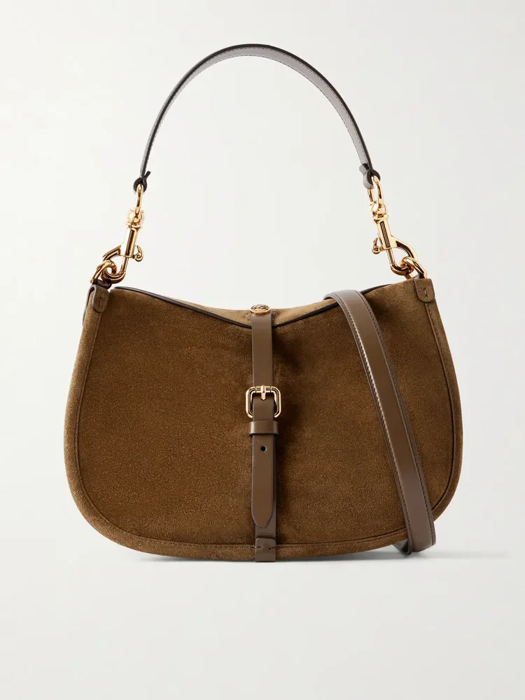 Logo-detailed leather-trimmed suede shoulder bag