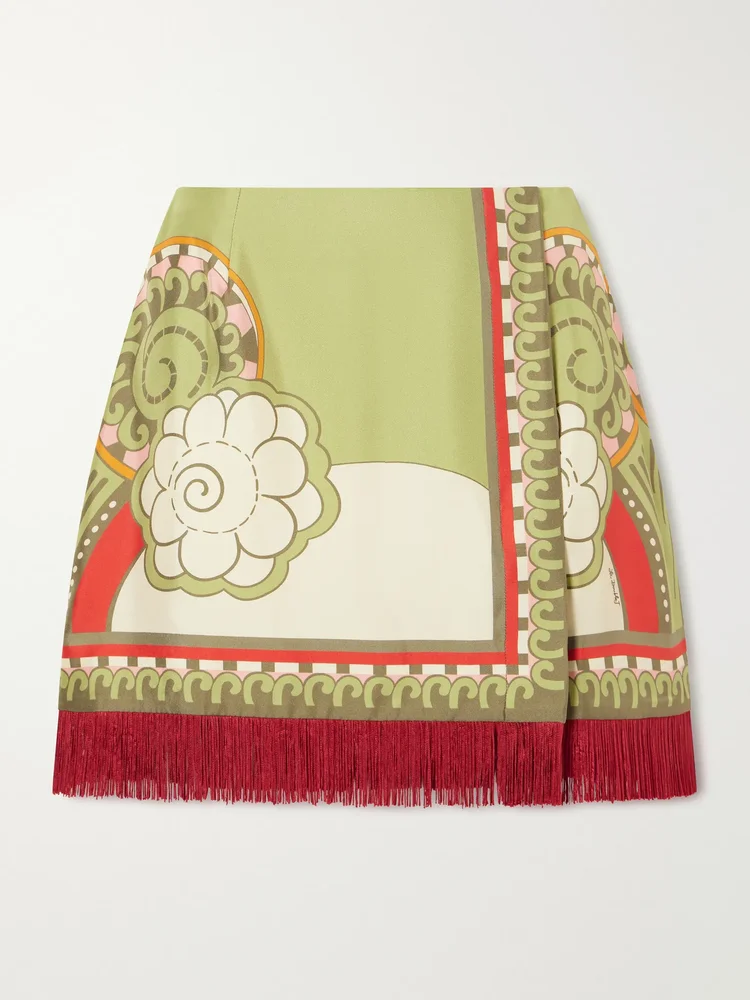 Foulard fringed silk-twill mini skirt