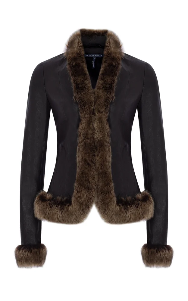 Stretch Leather Fur-Trimmed Blazer