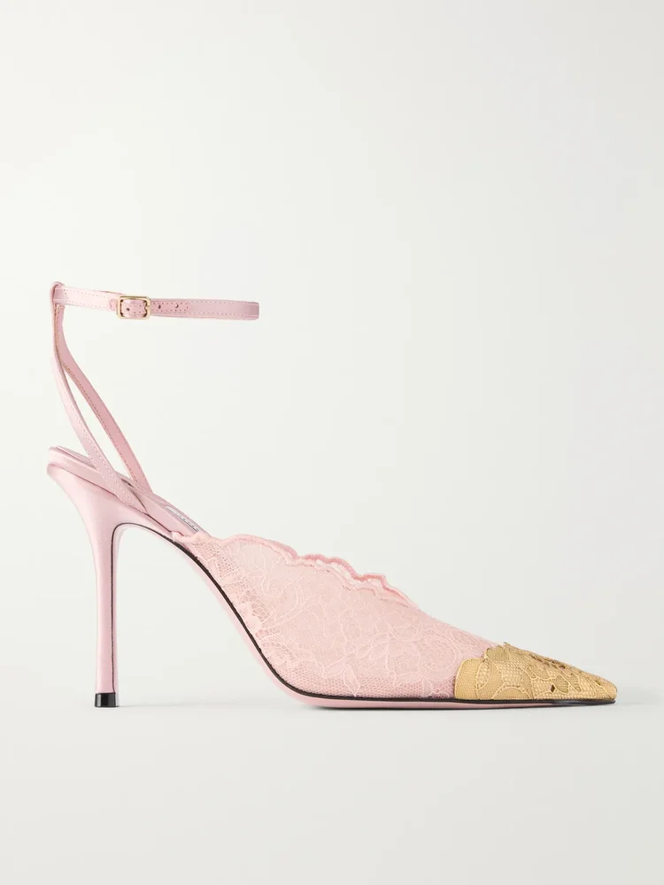 Faiz 100 embellished satin-trimmed lace pumps