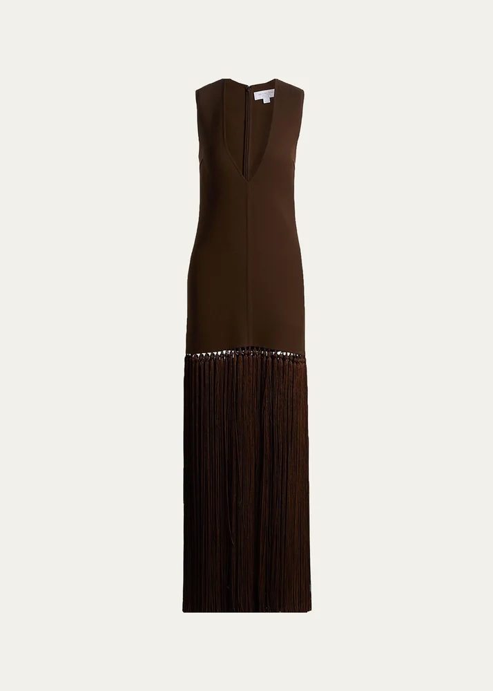 Deep V-Neck Wool Crepe Tassel Maxi Dress