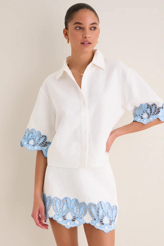Sky Blue Embroidered Button-Up Beatrix Shirt
