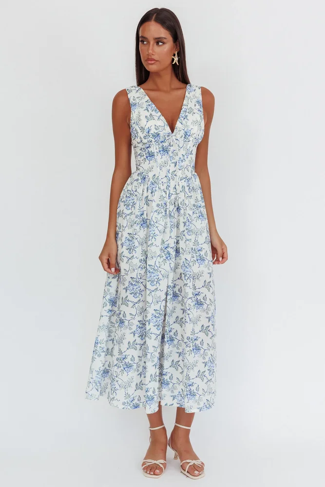 Spring Dawn Basque Waist Maxi Dress Floral Blue