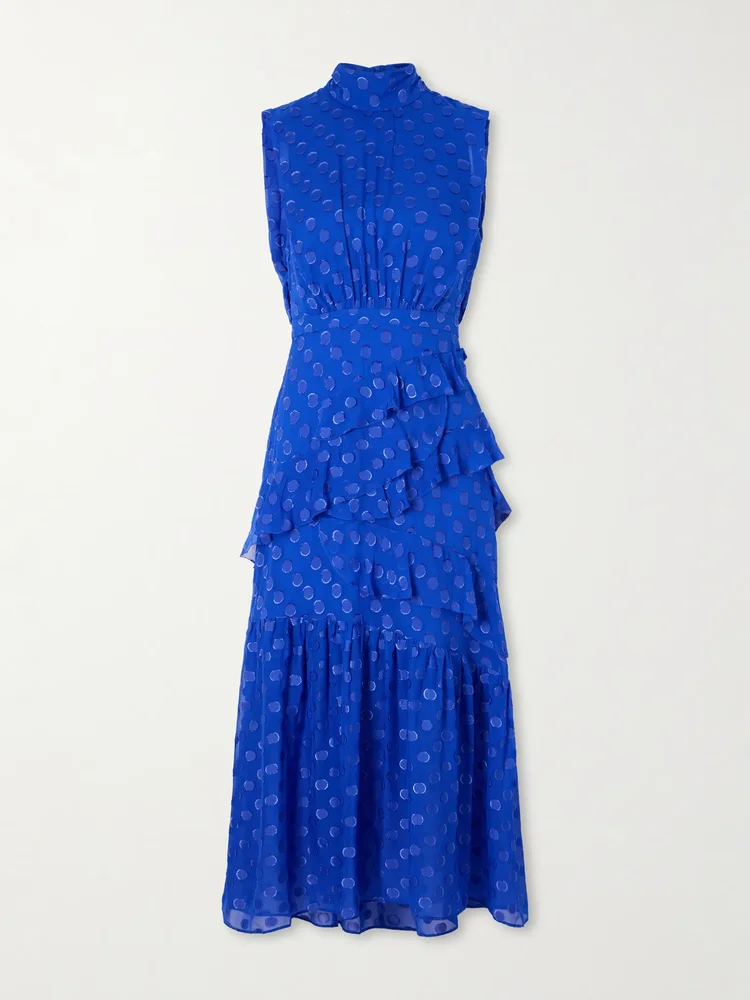 Fleur polka-dot ruffled fil coupé silk-blend crepe de chine midi dress