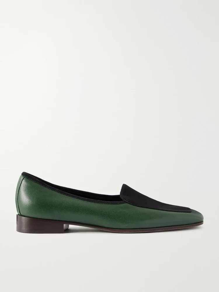 Adam suede-trimmed glossed-leather penny loafers