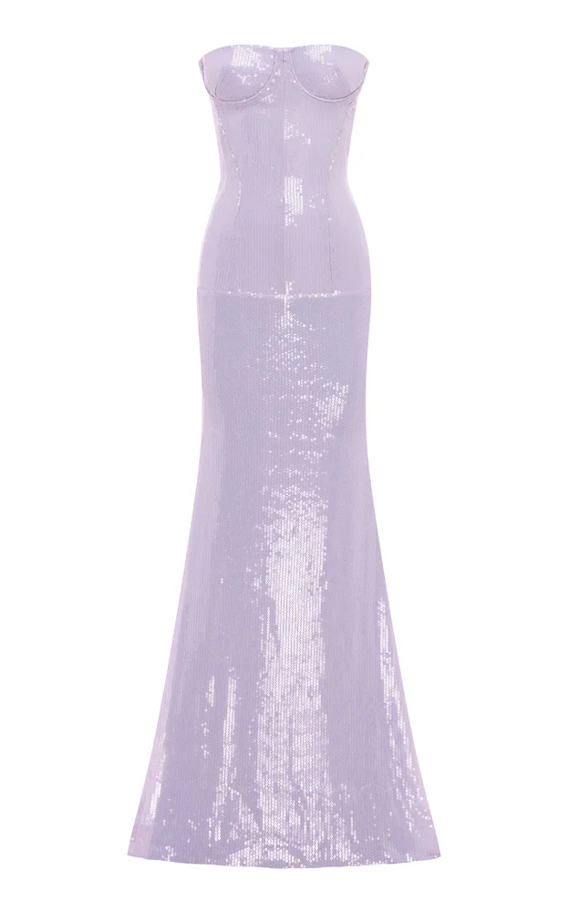 Strapless Cupped Sequin Mesh Gown