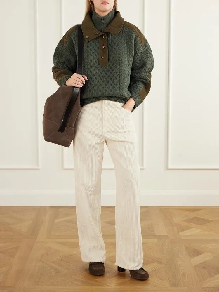 Allen cotton corduroy-trimmed cable-knit wool sweater