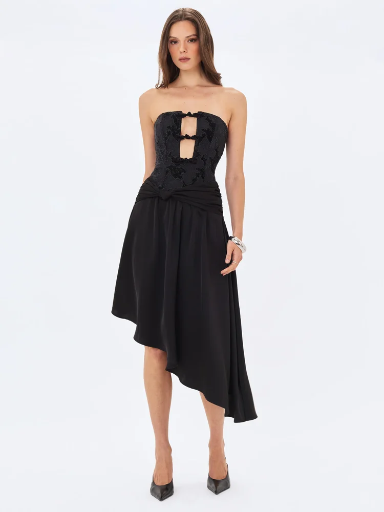 Yoseline Black Velvet Lace Cutout Asymmetrical Satin Midi Dress