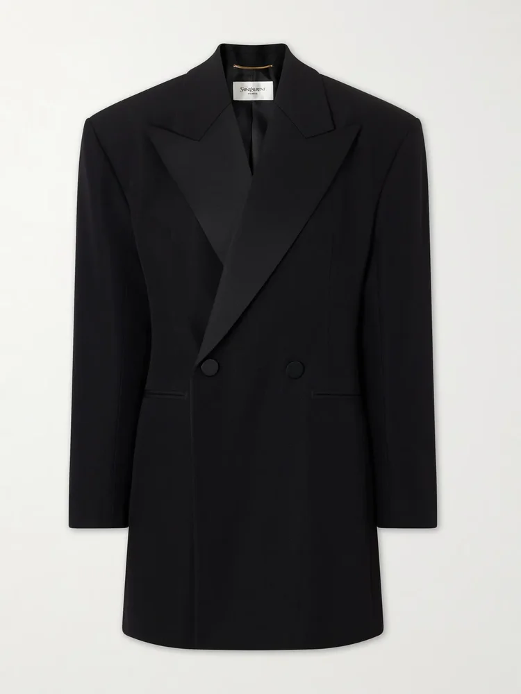 Double-breasted satin-trimmed wool-crepe blazer