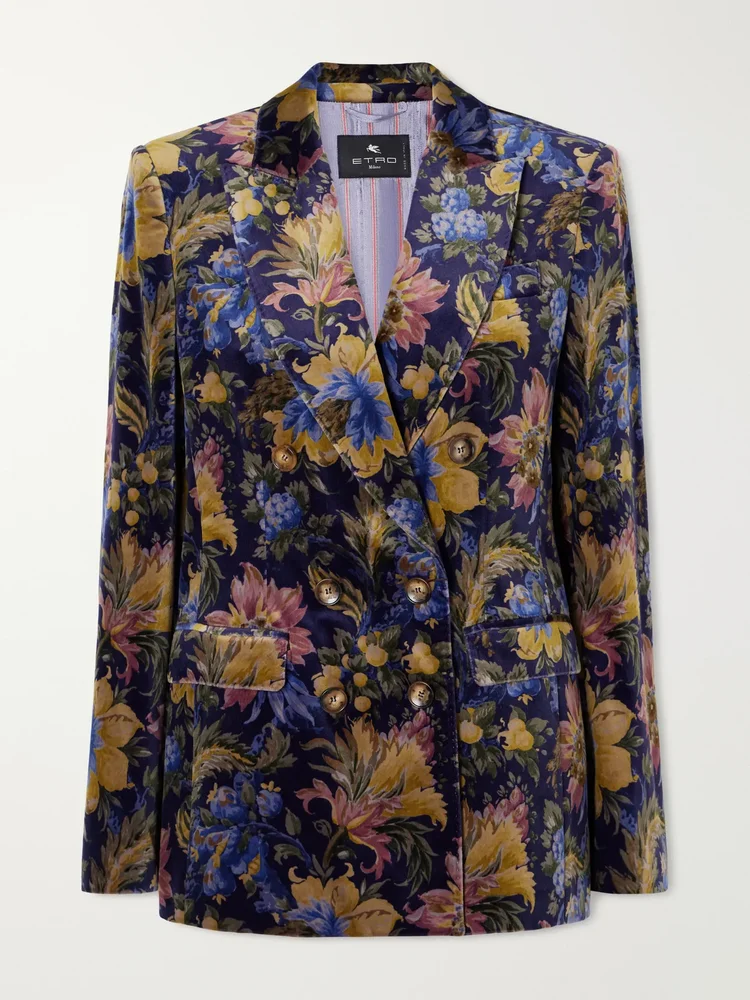 double breasted floral print stretch cotton velvet blazer