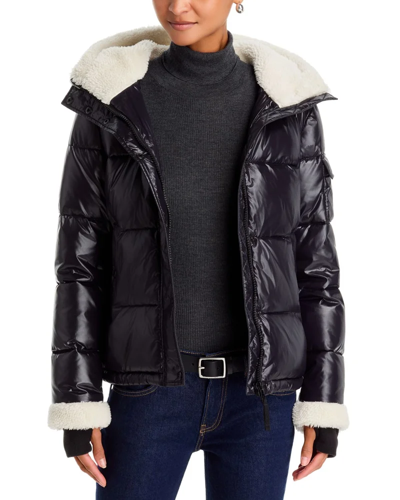 Sherpa Trim Hooded Gloss Puffer Coat, Exclusive