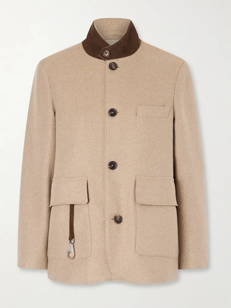 Suede-trimmed silk-tweed jacket