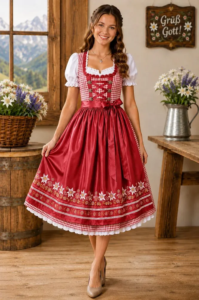 Red Style Women's Dirndl – Checked fabric Traditional German Dress with Apron & Blouse