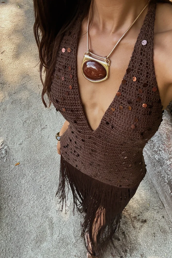 12Thtribe Barefoot Espresso Crochet Sequin Maxi Dress