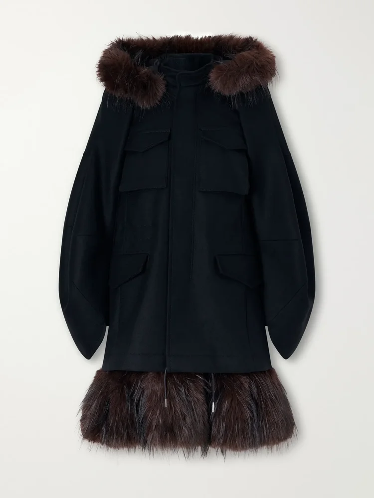 Padded plush-trimmed wool coat