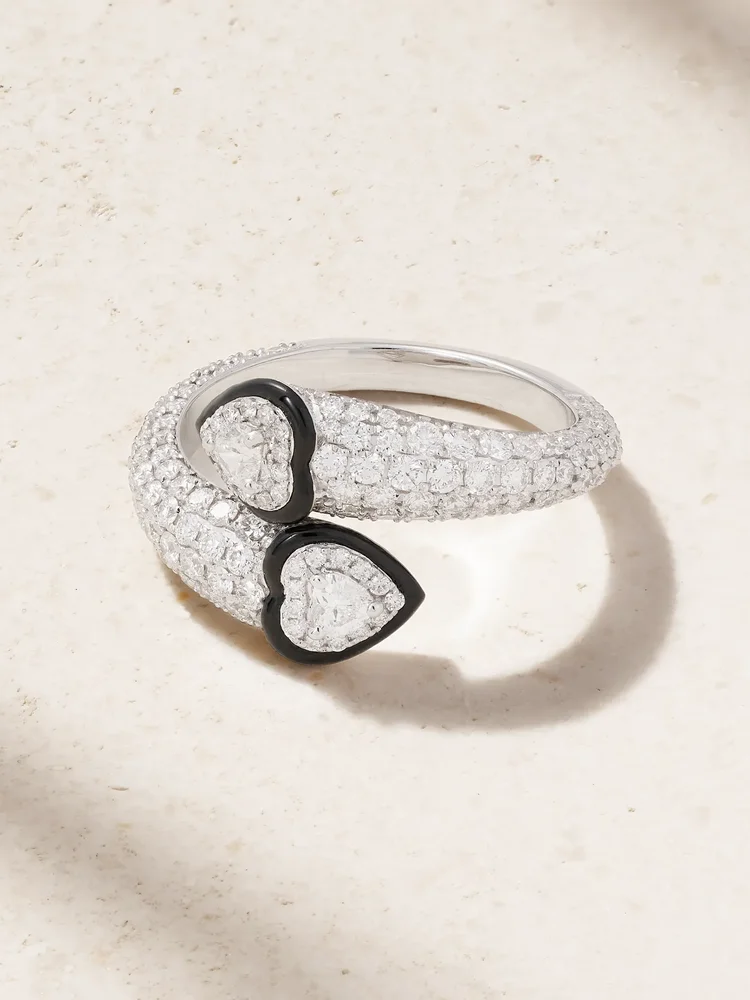 Double Crush 18-karat white gold, diamond and enamel ring
