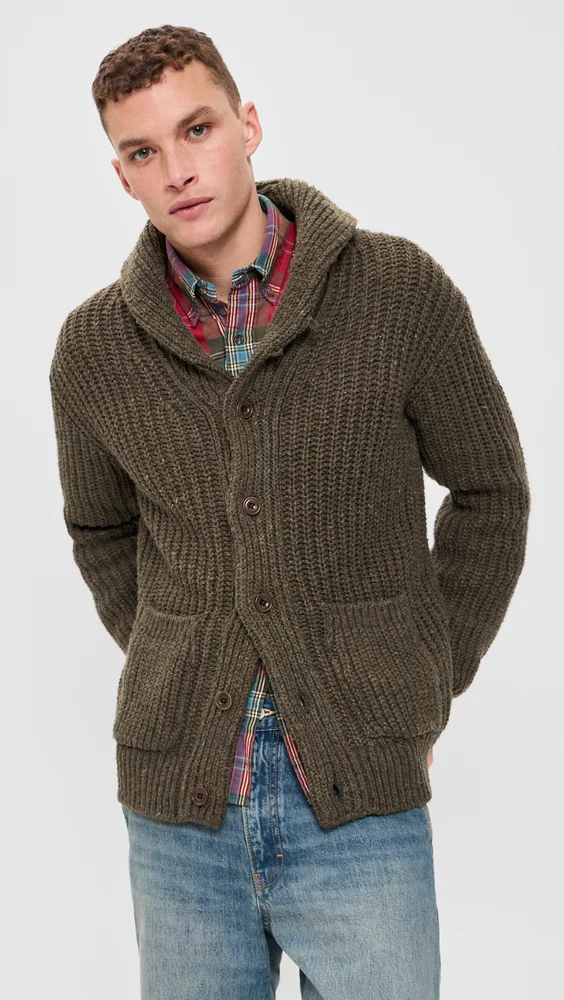 Wool Blend Textured Shawl Cardigan