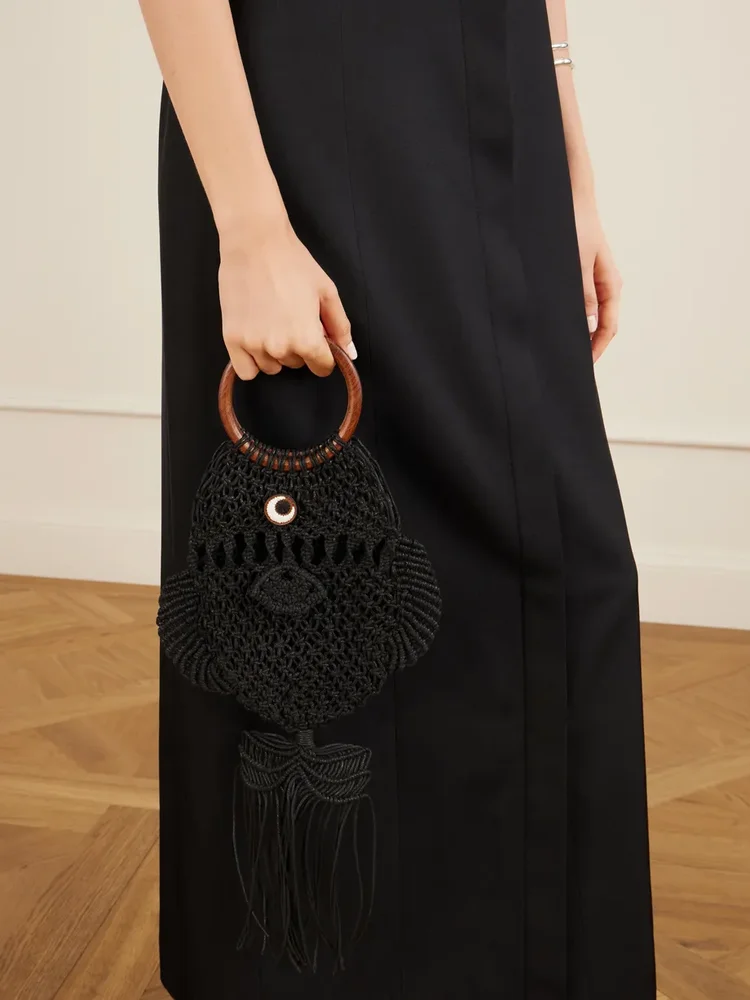 Macrame leather-trimmed cotton clutch