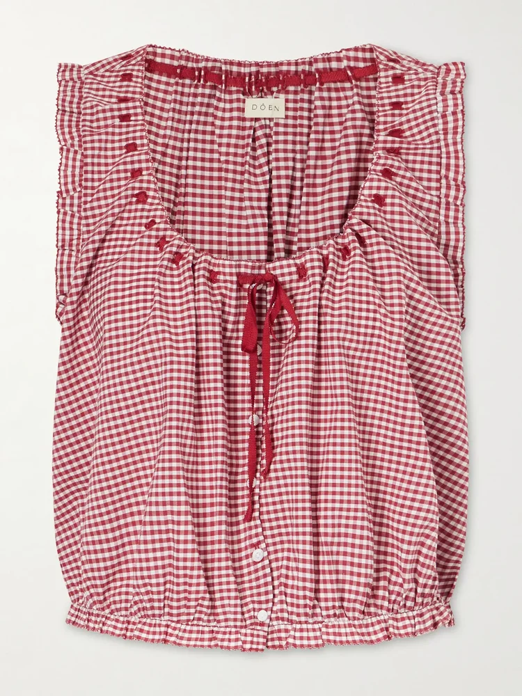 Traveler gathered checked organic cotton blouse