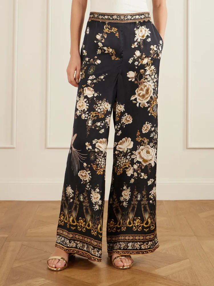 Embellished embroidered printed silk-satin pants