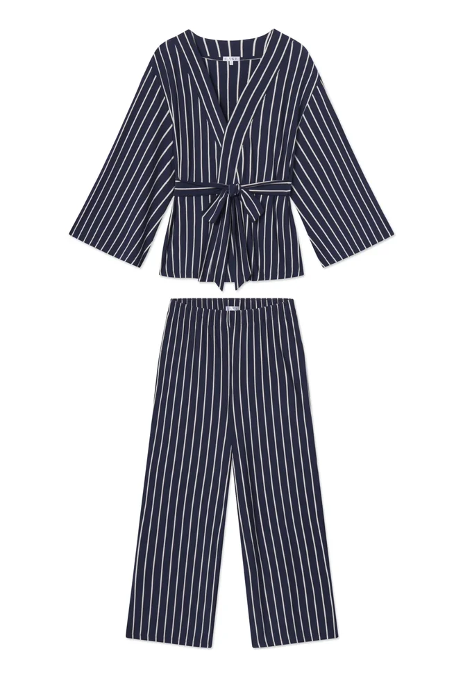 lakepajamas.com Dream Modal Kimono Pajama Set in English Navy Vertical Stripe XXS