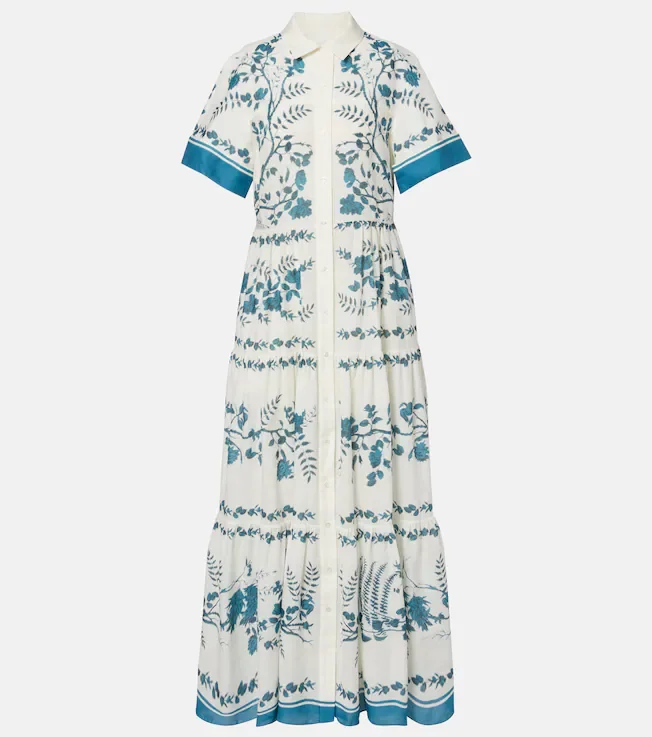 Floral cotton and linen tiered shirt dress