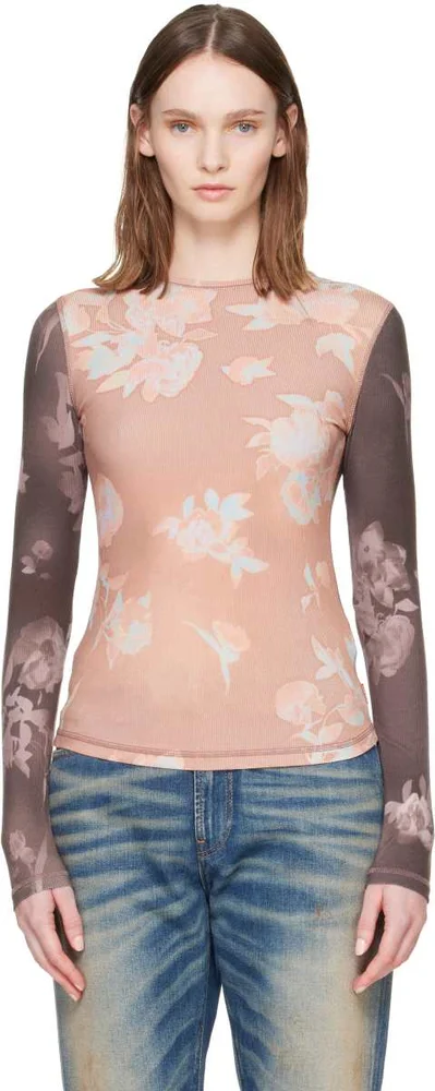 Pink & Brown Floral-Print Ribbed Jersey T-shirt