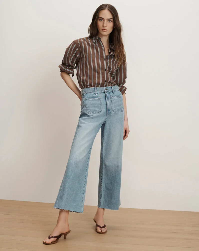 Veronica Beard Taylor Cropped Patch-Pocket Wide-Leg Jean in Light Wash Big Splash
