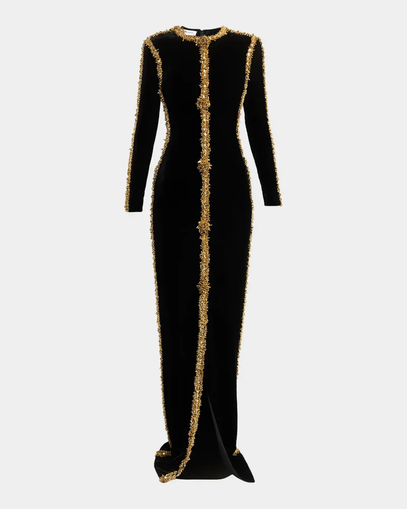 Long-Sleeve Beaded Velvet Maxi Dress