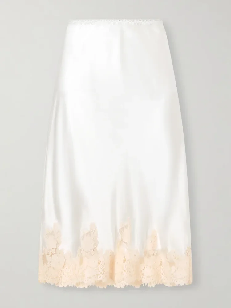 Elowette lace-trimmed floral-print silk-satin midi skirt