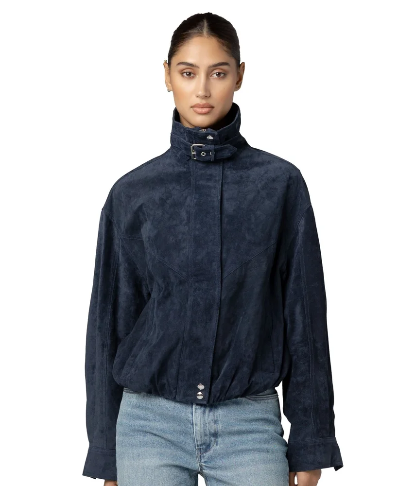 Midnight Drift High Collar Suede Bomber Jacket