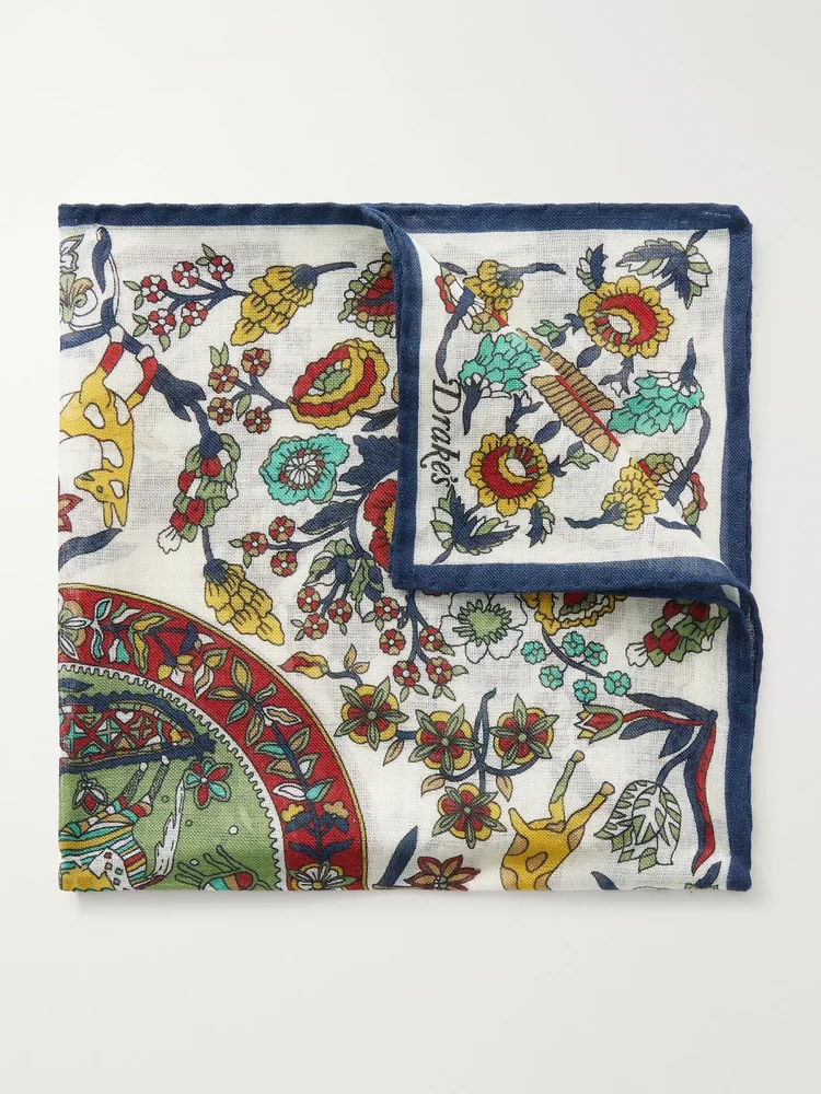 Folk Rider Printed Wool and Silk-Blend Gauze Pocket Square