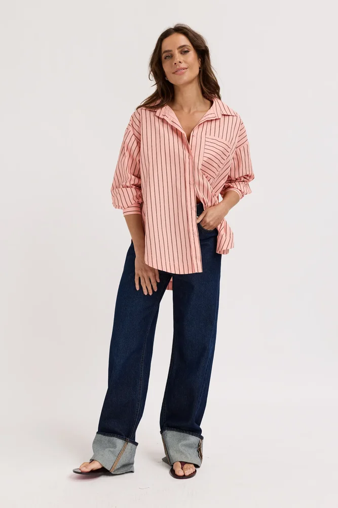 Morgan Stripe Wrap Button-Down Shirt - Peach / Chocolate
