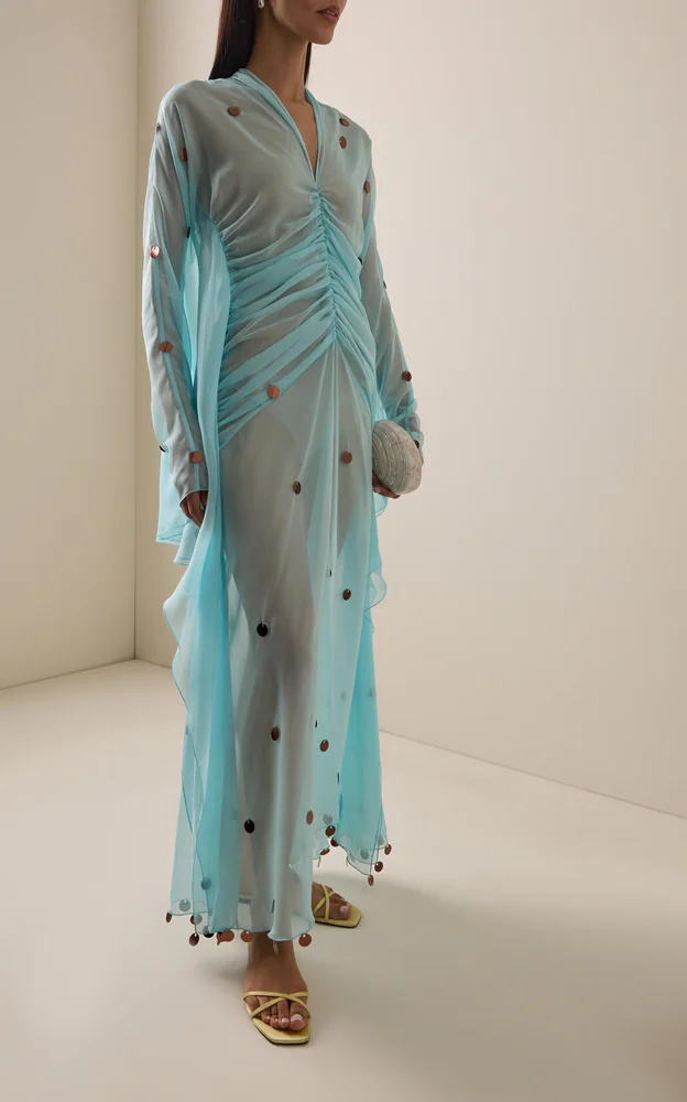 Exclusive La Isla Ruched Sequined Chiffon Maxi Dress