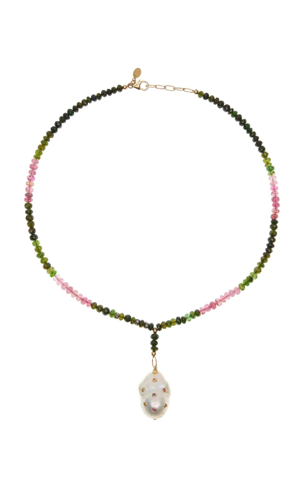 14K Yellow Gold Tourmaline Sapphire Pearl Drop Necklace