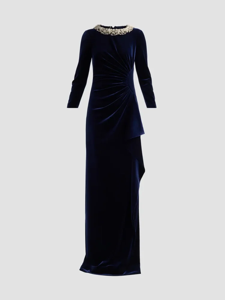 Velvet Jewel Collar Drape Gown