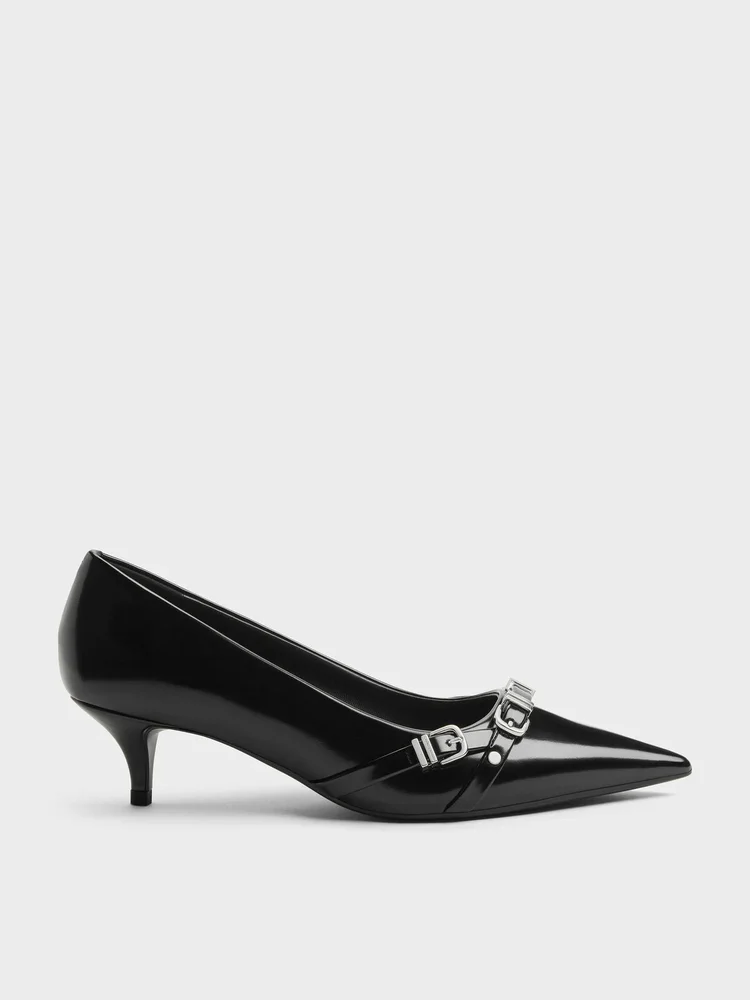 Aira Buckled-Strap Kitten Heels, Black Box