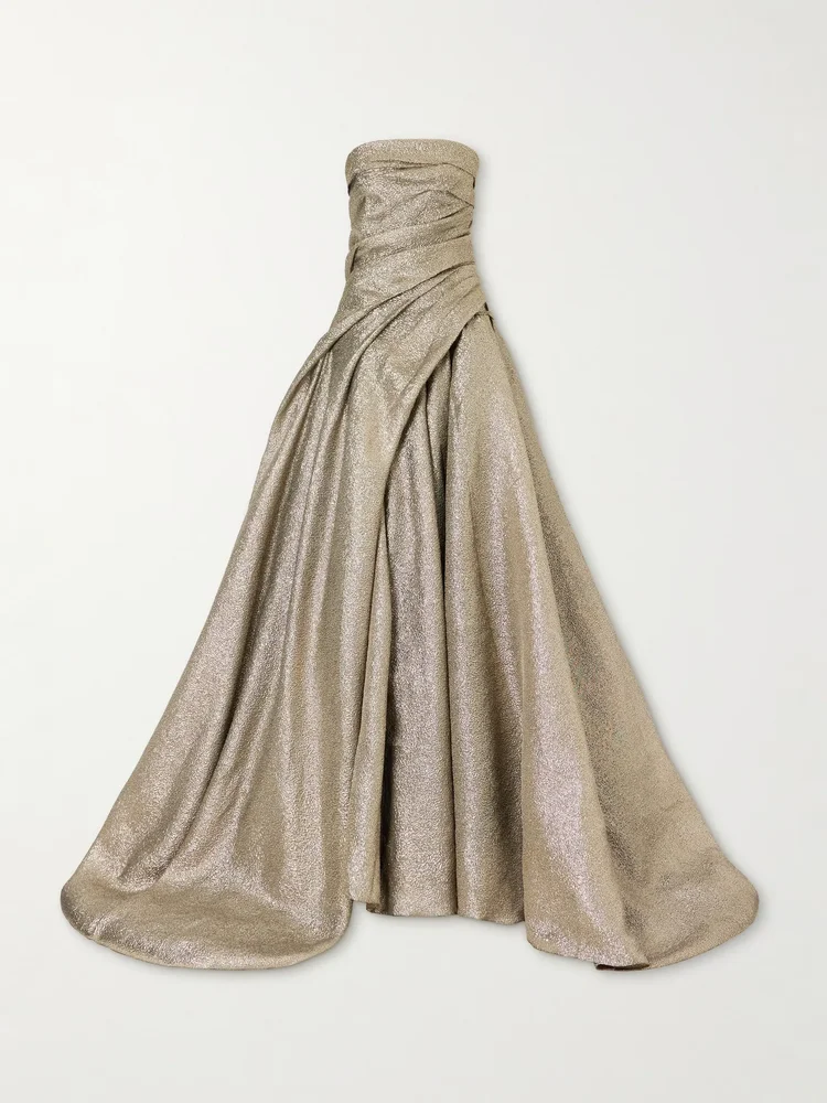 Off-the-shoulder draped brocade gown