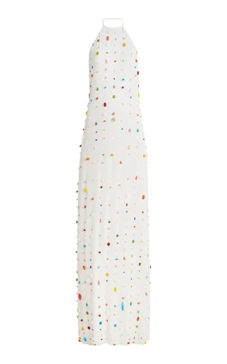 Exclusive Francine Embroidered Crepe Maxi Halter Dress