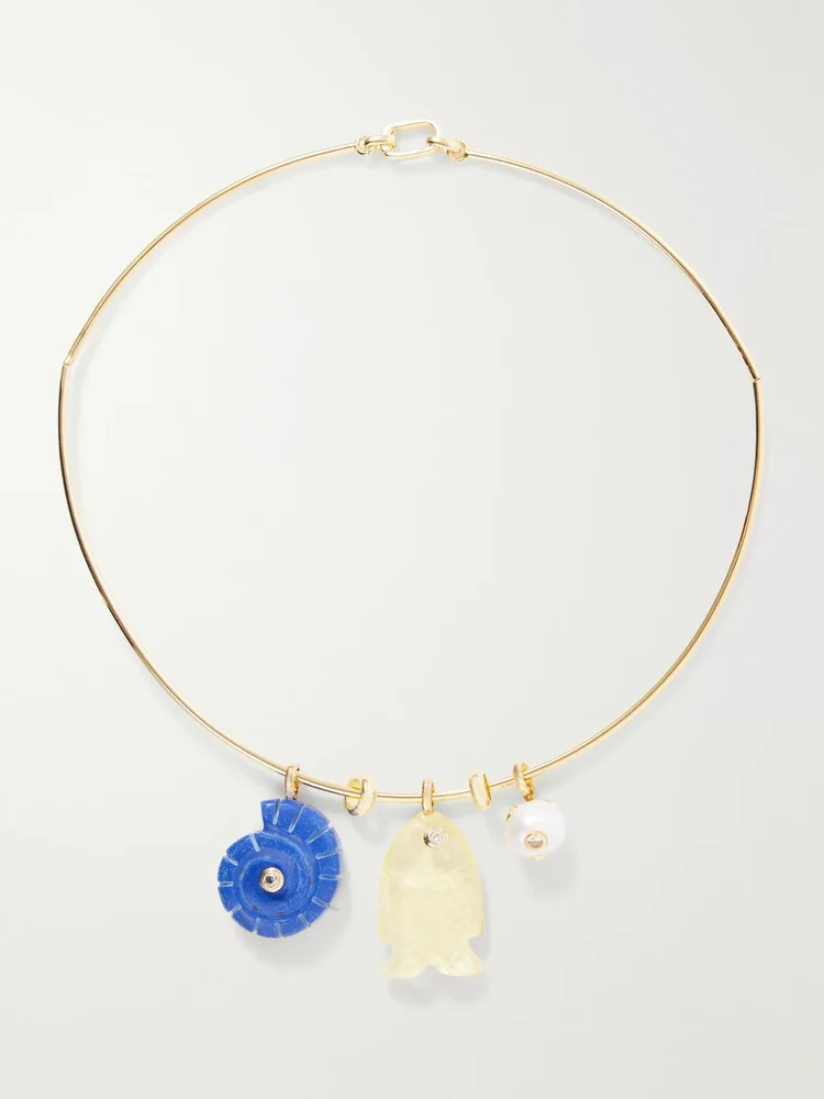 Aurelia lapis lazuli, citrine and freshwater pearl gold-toned necklace