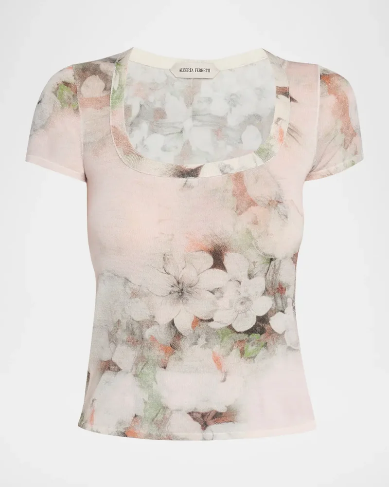 Floral-Print Lightweight Merino Wool Short-Sleeve Sweater