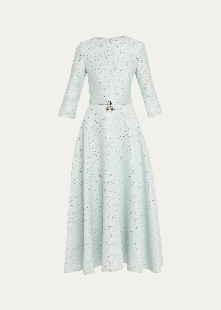 Midi-Sleeve Sequin Tweed Day Dress
