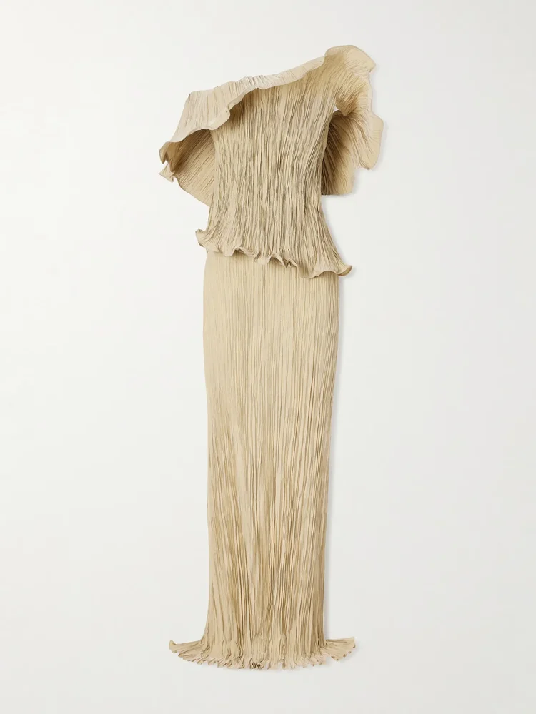 Pleated off-the-shoulder taffeta gown